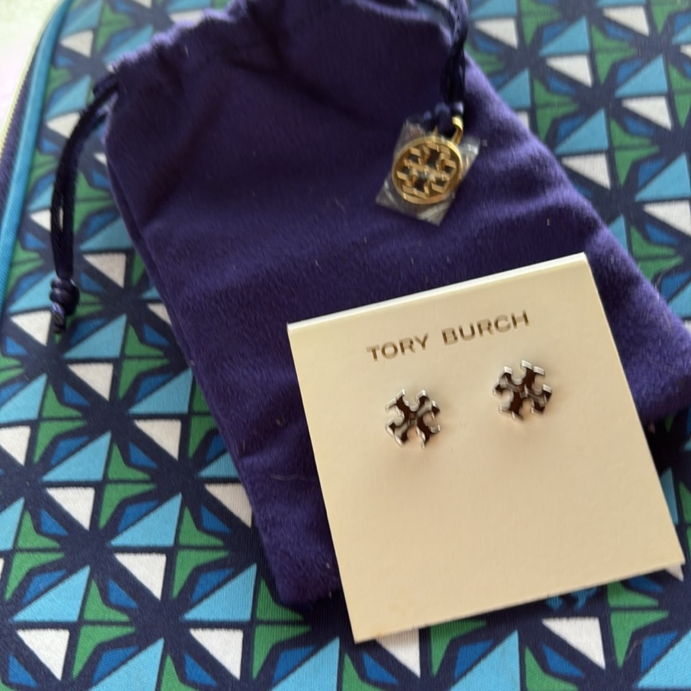 Tory Burch Silver Logo Earrings With Dust Bag